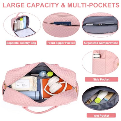 Travel Duffle Weekender Bags for Women - Weekend Bag Womens with Shoe Compartment Carry On Overnight Bag with Toiletry Bag Duffel Bags Wet Pocket Gym Hospital for Labor and Delivery Pink 3 Pcs Set - color: 01-Pink-3Pcs