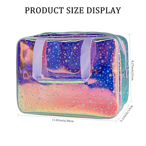 Holographic Purple Star Large Cosmetic Bag and Travel Pouch with Handle,Durable Material,Zipper Design-Ideal for Makeup,Travel Essentials (Purple Handle) - color: Purple Handle