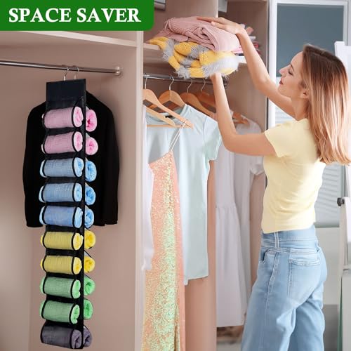 2 Pack Legging Storage Organizer, Hanging Legging Storage Hanger with 20 Roll Compartments, Foldable Clothes Roll Holder for Yoga T-Shirts Pants Jeans Towels