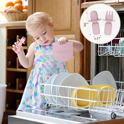 Silicone Foldable Novelty Dinner Plates, Baby Plates Travel Essential with Forks and Spoons, Microwave & Dishwasher Safe, Sage - color: Sage, style: No-Suction