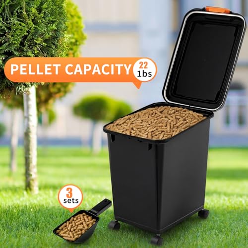 Maxdot 3 Sets 22lb Dry Pellet Storage Bin Kit with wheels, Scoops and Labels Grill Accessories Wood Pellet Storage Containers with Flavor Stickers Airtight for Grill Pellets