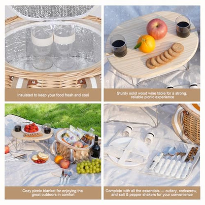Picnic Basket Set for 2 - Wicker Insulated Picnic Basket with Waterproof Blanket, Folding Wine Picnic Table & Cutlery Kits, Picnic Baskets Kit for Camping, Outdoor, Valentine (White Flower)
