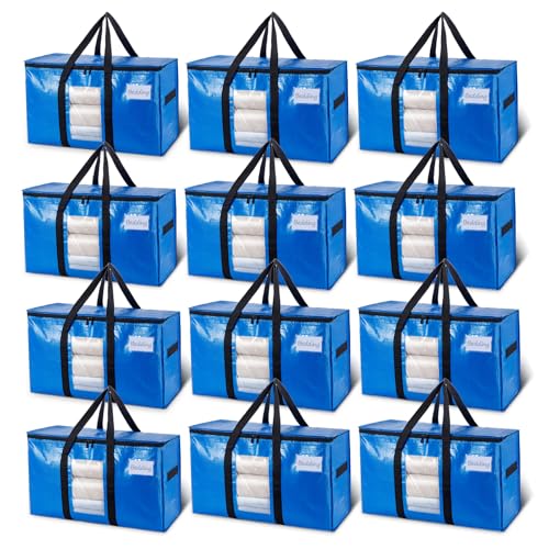 TAILI Extra Large Moving Bags, 12 Pack Blue Heavy Duty Totes For Storage with Visible Window, Wrap Around Handles, Storage Bags for Space Saving, Alternative to Moving Boxes - color: Blue, size: 12 Large
