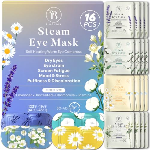 16 Pack Steam Eye Mask Variety Set Lavender Chamomile Jasmine and Unscented, Heated Eye Masks for Dry Eyes Puffiness and Relaxation, Self Heating Warm Compress for Sleep and Travel