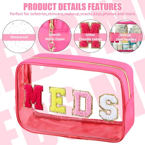 BuyCard 2 Pcs Medicine Bag Chenille Letter Preppy Clear Makeup Meds Bag for Travel - Nylon & PVC Transparent Cosmetic Toiletry Storage Pouch for Women Girls - Rose Red - color: MEDS-Rose Red, style: 2 Pcs-clear