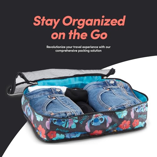Disney Minnie Mickey Stitch Packing Cubes - Winnie the Pooh, Princess Cinderella, Cars, Toy Story 5 Piece Packing Cubes Compression - Travel Essential - Luggage Suitcase Organizer Set - color: Black Stitch