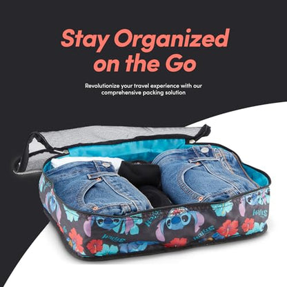 Disney Minnie Mickey Stitch Packing Cubes - Winnie the Pooh, Princess Cinderella, Cars, Toy Story 5 Piece Packing Cubes Compression - Travel Essential - Luggage Suitcase Organizer Set - color: Black Stitch