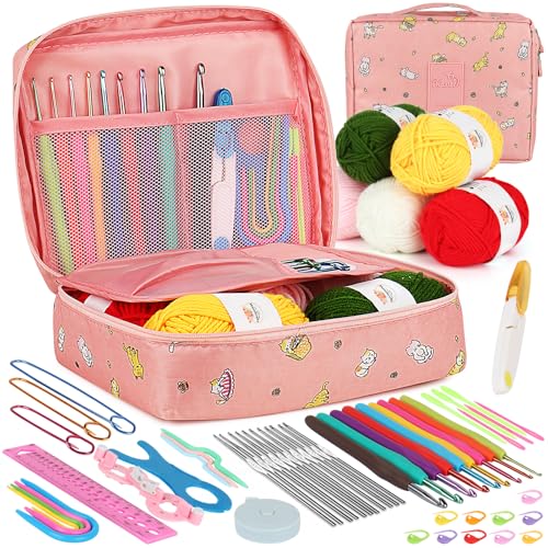 Aeelike Crochet Kit for Beginners, 59pcs Crochet Starter Kits with Yarn, Ergonomic Hooks & Storage Case, Learn-to-Crochet Set for Adults, Kids & Seniors, Ideal DIY Craft Gift for Women - color: pink cat