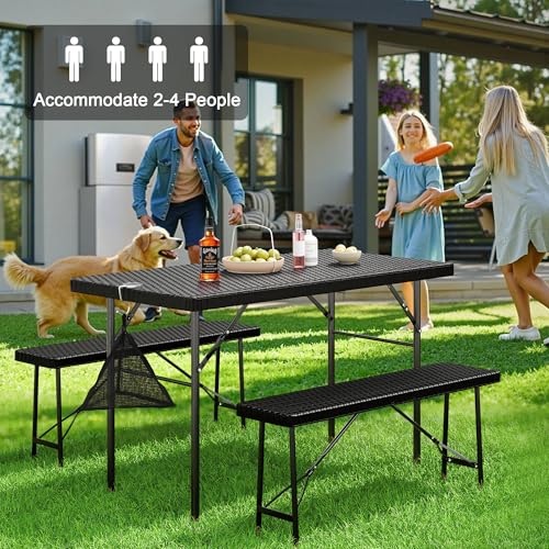 VECELO 3 Piece Folding Picnic Table with 2 Benches, 47.2" Faux Rattan Patio Set with Mesh Bag, Heat-Resistant & Waterproof, for Indoor Outdoor Use, Black