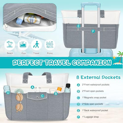 Beach Bags for Women Large Canvas Beach Tote with Zipper Wet Pocket, Waterproof Foldable Swim Pool Travel Tote Bags - color: Gray