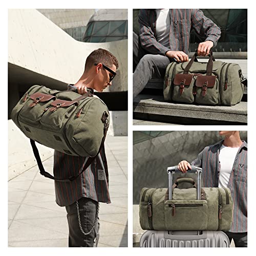 Wildroad 50L Travel Duffel Bag, Expandable Canvas Genuine Leather Duffle Bag Upgraded Overnight Weekender Carry on Bag - color: Army Green, size: Large-50L Duffle Bag