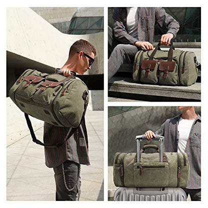 Wildroad 50L Travel Duffel Bag, Expandable Canvas Genuine Leather Duffle Bag Upgraded Overnight Weekender Carry on Bag - color: Army Green, size: Large-50L Duffle Bag