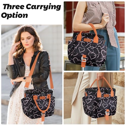 Joymee Large Insulated Lunch Bag Women Reusable Waterproof - Love Heart | Large Spacious, Cooler Lunch Bag, Adjustable Shoulder Strap, With Side Pocket, Bottle Holder, for Office Work Picnic Travel - color: Love Heart