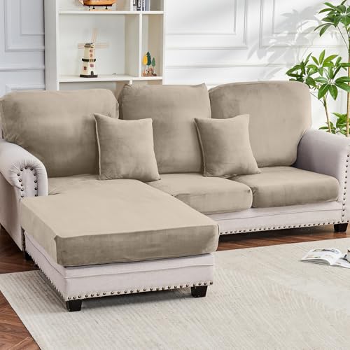 Couch Cover 6-Piece Elastic Velvet Couch Cushion Covers & Chaise Slipcovers for L-Shaped Sofas - Sofa Seat Covers Washable, Soft Protector for Couches (5 Seater + Chaise, Taupe) - color: Taupe, size: 3 Backrest + 2 Seater + 1 Chaise