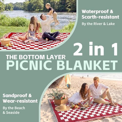 2 in 1 Extra Large Outdoor Rug Picnic Blanket Camping Mat Lightweight Oversized Giant Turkish Boho Beach Mexican Serape Cobijas Mexicanas para Mesa Park Stadium Outside Festival Grass Hammock - color: Checkered Red
