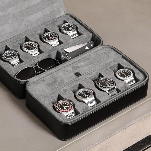 ROTHWELL 8 Watch Travel Case Storage Organizer for 8 Watches, Sunglasses, Rings & Cufflinks |Tough Portable Protection with Zipper Fits Most Wristwatches & Smart Watches Up to 50mm (Black/Grey) - color: Black/Grey