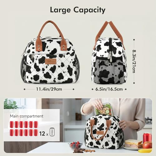 HOMESPON Insulated Lunch Bag for Women Men Adults Lunch Tote with Front Pocket Lunch Box Container Cooler Bag for Work Picnic (Cow Print) - color: Cow Print
