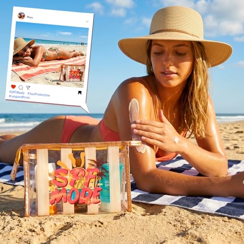 COSHAYSOO Sunscreen Bag Clear Makeup Toiletry Pouch Beach Vacation Essentials for Women Teen Girls Trip Gifts Summer Pool Travel Must Have Accessories Waterproof Stuff - color: Multi-SPF Mode