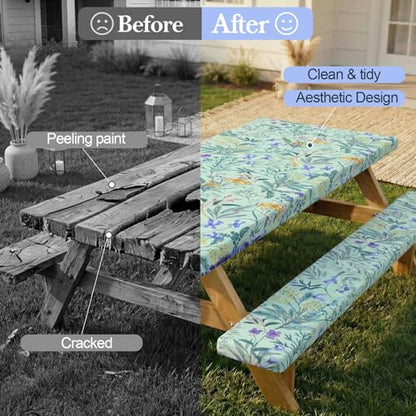 Picnic Table Cover with Bench Covers Camping Essentials Waterproof Windproof Camping Tablecloth with Drawstring Bag, Fitted Rectangle Tables and Seats, 72in, Gray Blue - color: Gray Blue, size: 72in