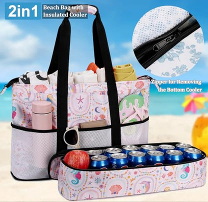 JIANYA Beach Bag Women Waterproof Sandproof Beach Tote Bags with Cooler Top Zipper Large Totes for Pool Travel Daily - color: Ocean Party-pink