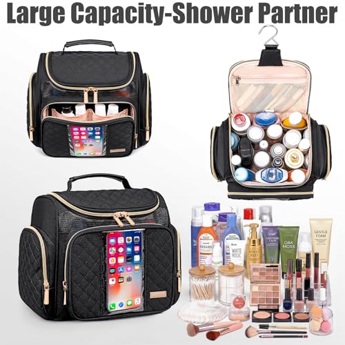 Large Toiletry Bag for Women Men,Bathroom Bag,Water Resistant Shower Bag,Makeup Bag,Toiletry Bags for Traveling,Hanging Toiletry Bag with Transparent Waterproof Phone Pocket (Black) - color: Black