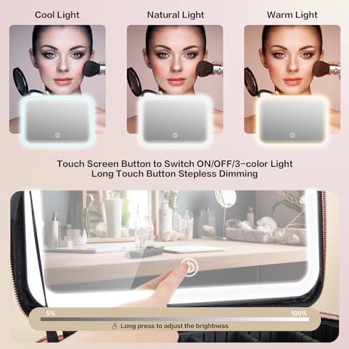 15''X11'' Large Capacity Makeup Bag with LED Mirror, Professional Makeup Case Organizer with 3 Color Light Adjustable Brightness, Travel Make up Cosmetic Case with Detachable Dividers & Shoulder Strap - color: Pink, style: Integrated