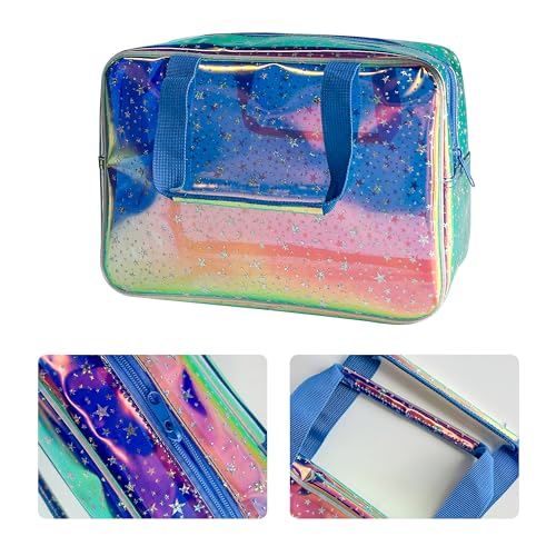 Holographic Blue Clear Star Large Cosmetic Bag and TPU Travel Pouch with Handle,Durable Material,Zipper Design-Ideal for Makeup,Travel Essentials (Holographic Blue+Star) - color: Holographic blue+Star