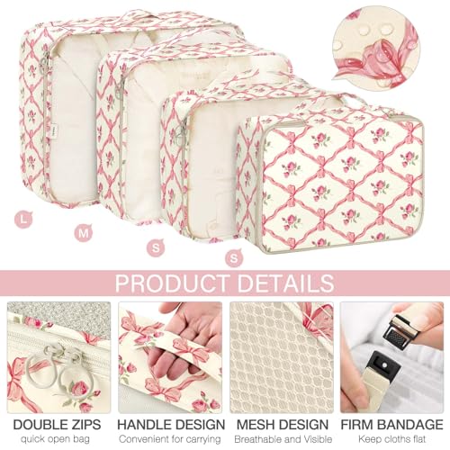 KPX 8 Set Packing Cubes for Travel, Luggage Packing Organizers Accessories Large Toiletries Bag for Clothes Shoes Cosmetics (8Set-Flower & Bow) - color: 8Set-Flower & Bow