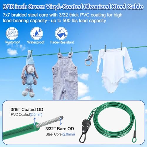 TooTaci 15ft Outdoor Clothesline Kit, 3/16" Green PVC Coated Wire Rope Portable Retractable Clothes Line Kit with Self-Locking Pulley, Screw Hook & Snap Hook for Camping, Backyard, Balcony, Travel