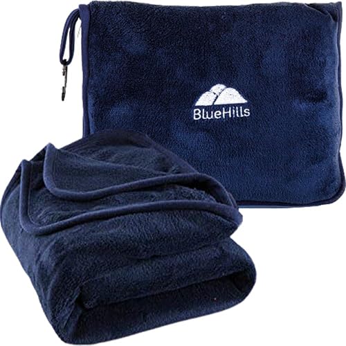 BlueHills Premium Soft Long Travel Blanket Pillow for Tall Airplane Flight Blanket Throw Luggage Belt & Backpack Clip Compact Packable Car Large 2 in 1 Combo Warm Gifts Navy Blue T051 - color: Navy-long-t051