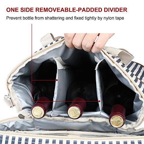 Tirrinia Insulated Wine Gift carrier - 3 Bottle Travel Padded Wine Carry Cooler Tote Bag with Handle and Adjustable Shoulder Strap, Stripe - color: Blue Stripe