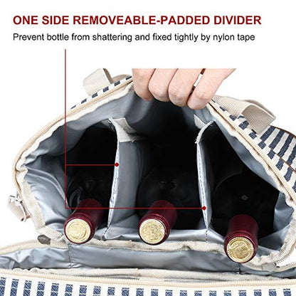 Tirrinia Insulated Wine Gift carrier - 3 Bottle Travel Padded Wine Carry Cooler Tote Bag with Handle and Adjustable Shoulder Strap, Stripe - color: Blue Stripe