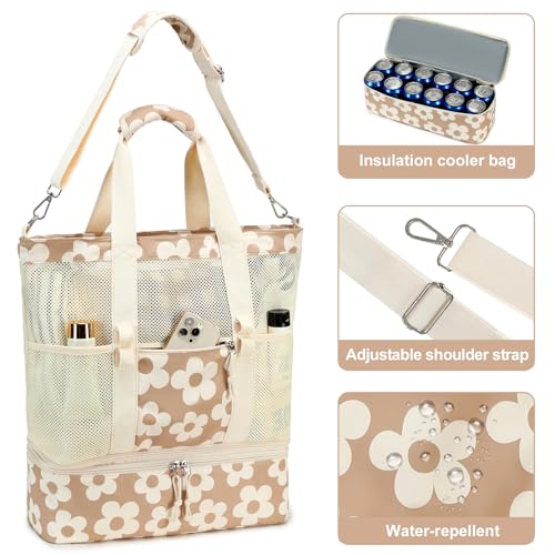 Bluboon Mesh Beach Tote Bag with Cooler Compartment Insulated Detachable Picnic Bag with Zipper and Pocket Pool Bag for Women - color: A-big Flower 157