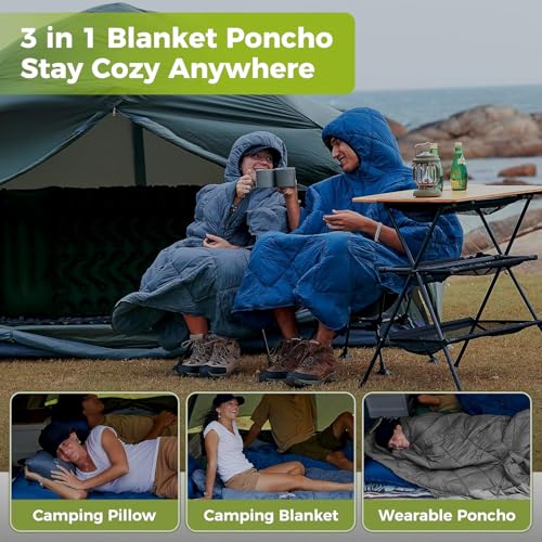 ATEPA Wearable Sleeping Bag Blanket Poncho, Recycled Water-Resistant Camping Poncho, Stadium Blanket for Outdoor Sports - color: Grey