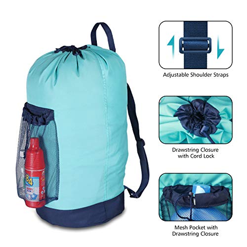 Dalykate Laundry Backpack with Shoulder Straps and Mesh Pocket Durable Nylon Clothes Hamper Bag with Drawstring Closure for College, Travel, Laundromat, Apartment - color: Blue