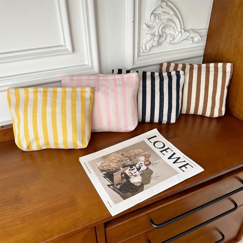 PAZIMIIK Makeup Bag Large Cotton Zipper Pouch for Purse Travel Canvas Make Up Organizer for Women Cosmetic,Stripe Coffee - color: Stripe Coffee