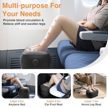 Maliton Inflatable Foot Rest Pillow for Travel,Kids Airplane Bed,Adjustable 3 Layers Height Leg Pillow of Air Travel Essentials,Car, Office, Home - Fast Inflation (Black) - color: Black