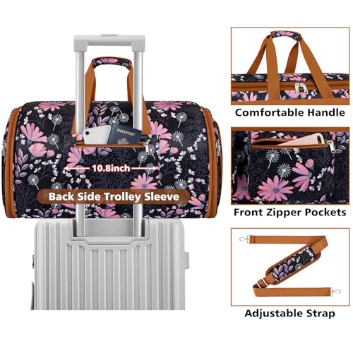 Convertible Garment Duffel Bags for Travel - Carry on Garment Duffle with Toiletry Bag Storage Bag Large Travel Duffel Bag 2 in 1 Hanging Suit Bag Weekender Bag for Men Women 3pcs Set - color: A03-black flower