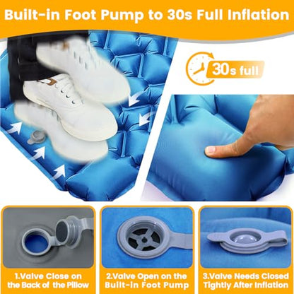 Inflatable Camping Mat, Ultra-Lightweight Sleeping Pad with Built-in Pillow & Foot Pump, Camp Pads for Backpackers, Hikers & Outdoor Enthusiasts, Easy to Carry, Gifts - color: Blue+grey