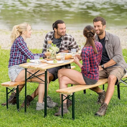 NAFORT 6FT Picnic Table Set, 3-Piece Folding Beer Table & Bench, Portable Wooden Picnic Tables for Outdoors Dining Table Set w/Metal Frame for Patio Garden