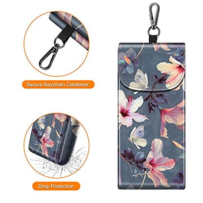 FINTIE Double Glasses Case with Carabiner Hook, Portable Vegan Leather Eyeglass Case Anti-scratch Sunglasses Pouch - color: Blooming Hibiscus