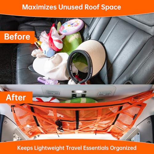 Extra Large Car Ceiling Cargo Net 39.3" x 23.6" for SUV,Truck & Van,Double Layer Roof Storage Organizer with Adhesive Straps,Overhead Mesh Holder for 4 Handle Vehicles,Camping Travel,Orange - size: 39.3" X 23.6"