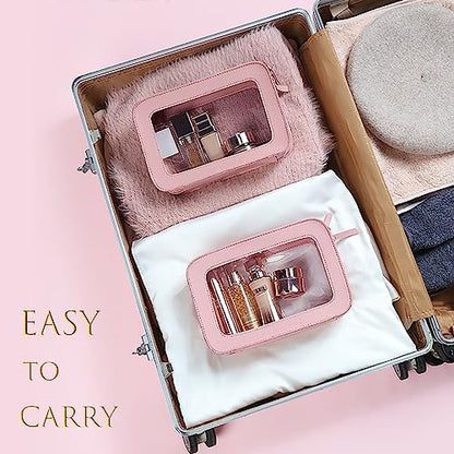 Clear and Waterproof Makeup Bag Portable Travel Cosmetic Case Organizer for Women Toiletry Pouch with Transparent Vinyl Windows & Zippers (Pink) - color: Pink