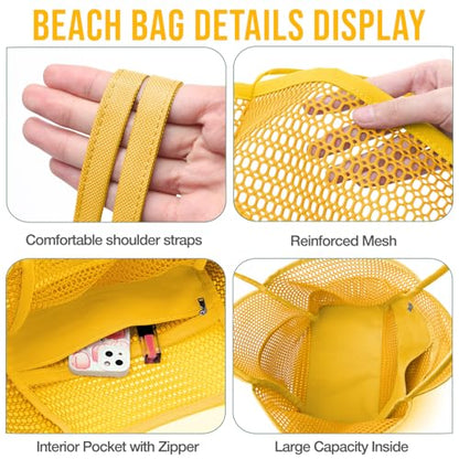 KPX Beach Bag with Mini Pocket, Summer Beach Tote Bags for Women Large Foldable Mesh Swimming Pool Travel Bags - Sandproof - color: Orange