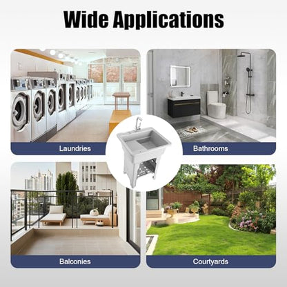 Utility Sink Laundry Tub with Washboard, Freestanding Plastic Laundry Sink with Cold & Hot Water Faucet, Indoor Outdoor Utility Sink for Laundry Room, Garage, Garden (25.6x21.65x31.5 Inch) - color: Gray, 25.6 x 21.7 x 31.5in