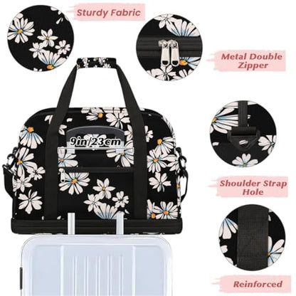 Travel Duffle Bags With Shoes Compartment for Women Men Daisy Flower Floral Black Lightweigh Sports Tote Gym Bag Foldable Canvas Weekender Overnight Carry On Luggage Handle Bag - color: print 2