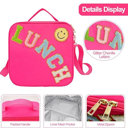 Insulated Lunch Bag With Adjustable Shoulder Strap, Nylon Preppy Lunch Box Large Insulated Lunch Bag Reusable Lunch Tote Bag with Smiley Preppy LunchBag for Girls School Travel Picnic (Rosy Red) - color: Rosy Red