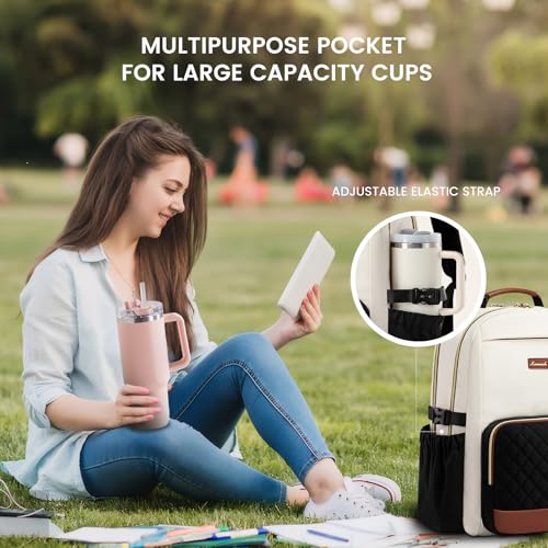 LOVEVOOK Laptop Backpack for Women with Pouch Pocket for Large Capacity Cup,15.6 Inch Teacher Nurse College Work Travel Backpack Purse,Waterproof Laptop Computer Bags,Beige-Black-Brown+Diamond-shaped - color: Beige - Black - Chestnut Brown + Diamond-shape