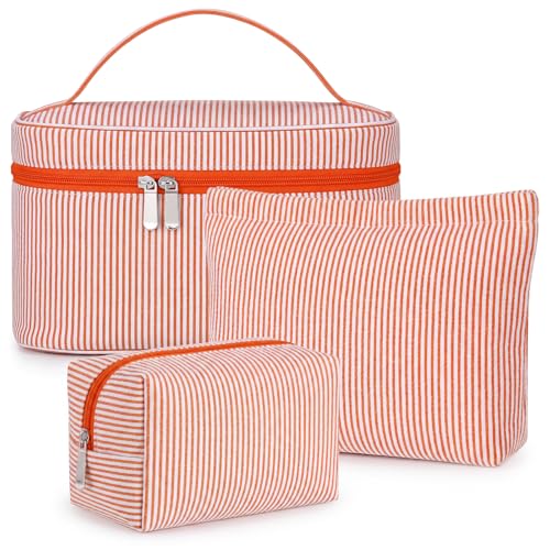 Huhumy 3 Pieces Makeup Bag Set for Women Cute Seersucker Cosmetic Pouch Travel Toiletry Bag Preppy Small Makeup Purse Pouch Aesthetic Skincare Brushes Storage Organizer for Women(Orange) - color: Orange