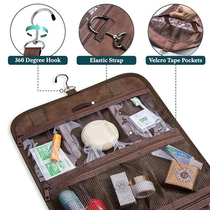 PAVILIA Hanging Toiletry Bag for Women Men, Large Foldable Toiletries Organizer with Hook, Water-Resistant Makeup Cosmetic Rollup Case, Clear Pockets for Bathroom, Gym, Cruise (Brown) - color: Brown